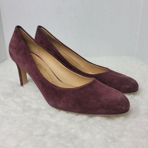 Salvatore Ferragamo Suede Pumps Burgundy Leather Trim Round Toe Stiletto Heels - Picture 1 of 9